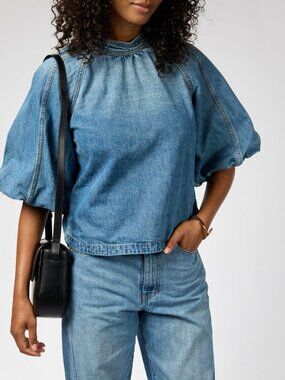 Buissonniere High Neck Bubble Sleeve Cotton Chambray Blue Denim Top XS